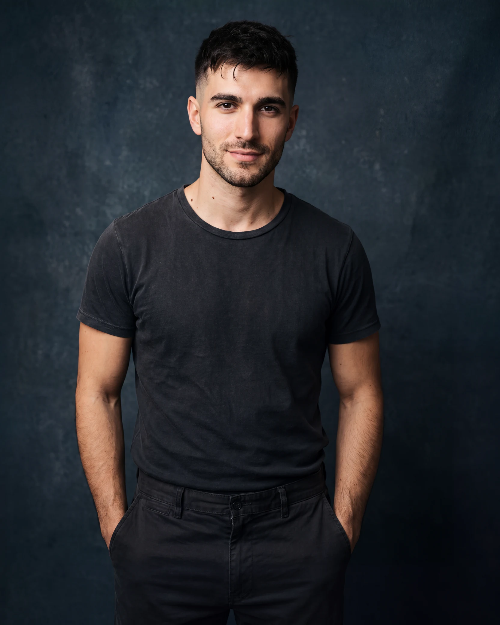 A young man with short dark hair and stubble, standing tall and relaxed in a charcoal tee, shoulders back, with an easy smile.