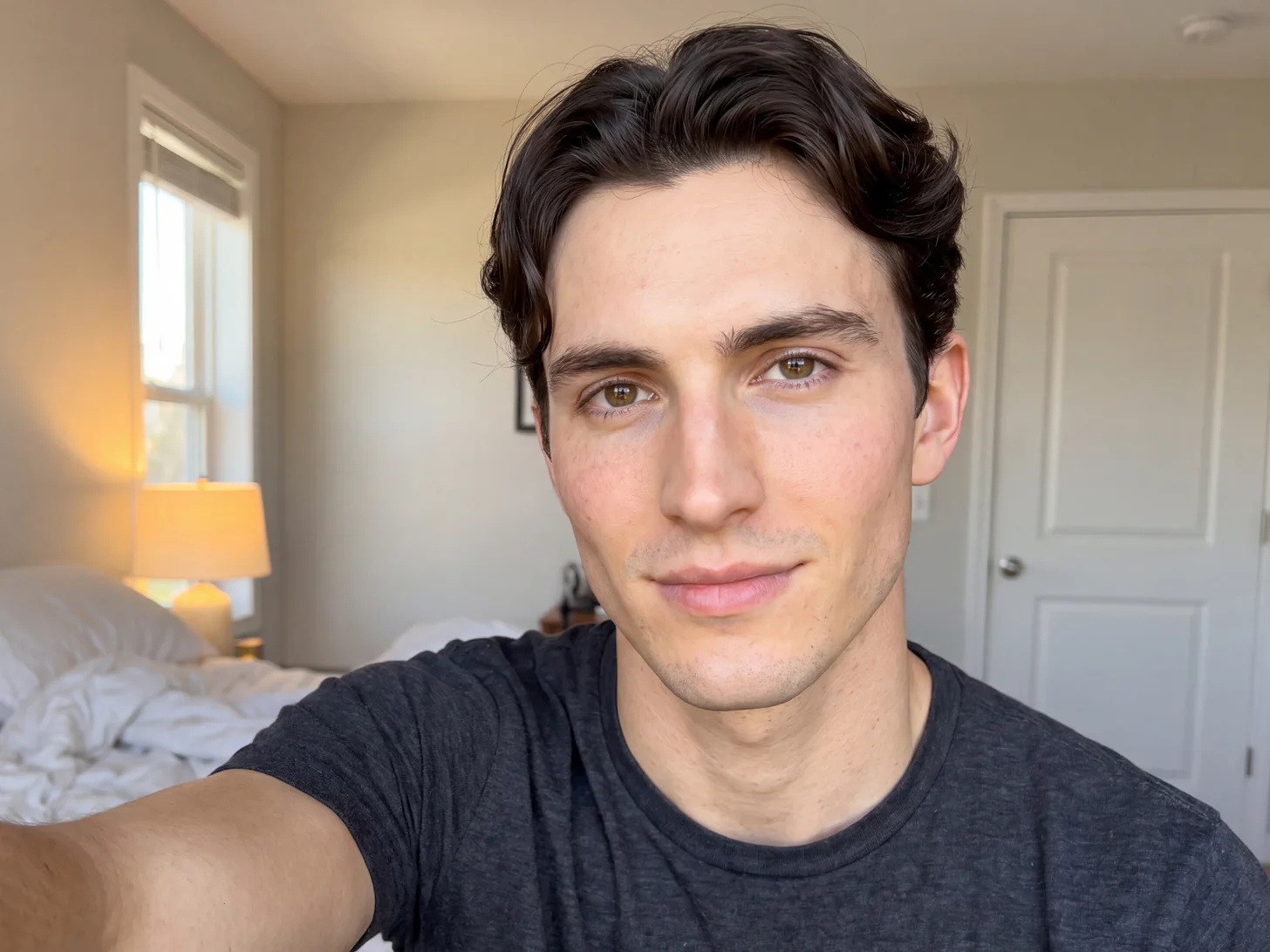 A young man taking a casual selfie at arm’s length in his bedroom