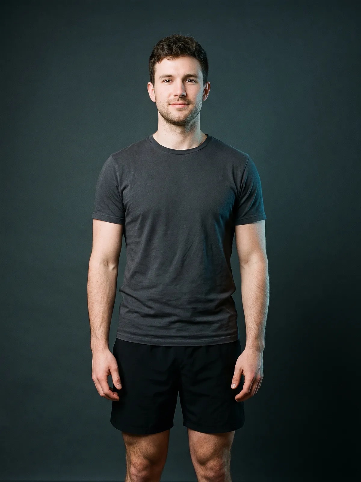 Example full-body photo: a man in his twenties in a fitted charcoal T-shirt and black shorts, standing straight against a dark studio backdrop